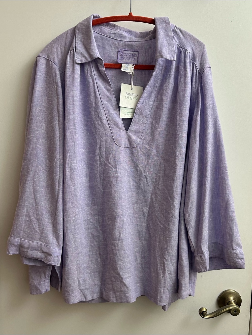Sigrid Olsen Purple Linen Blend V-Neck 3/4 Sleeve Tunic Blouse. Plus-size 1X